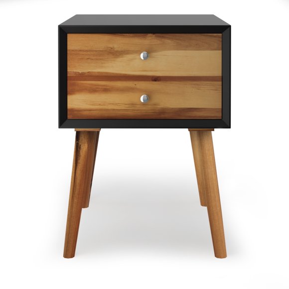 Giantex End Side Table Nightstand with Storage Drawer and Shelf, Wood Nightstand with 2-Drawers, Solid Wood Legs Living Room Bedroom Furniture