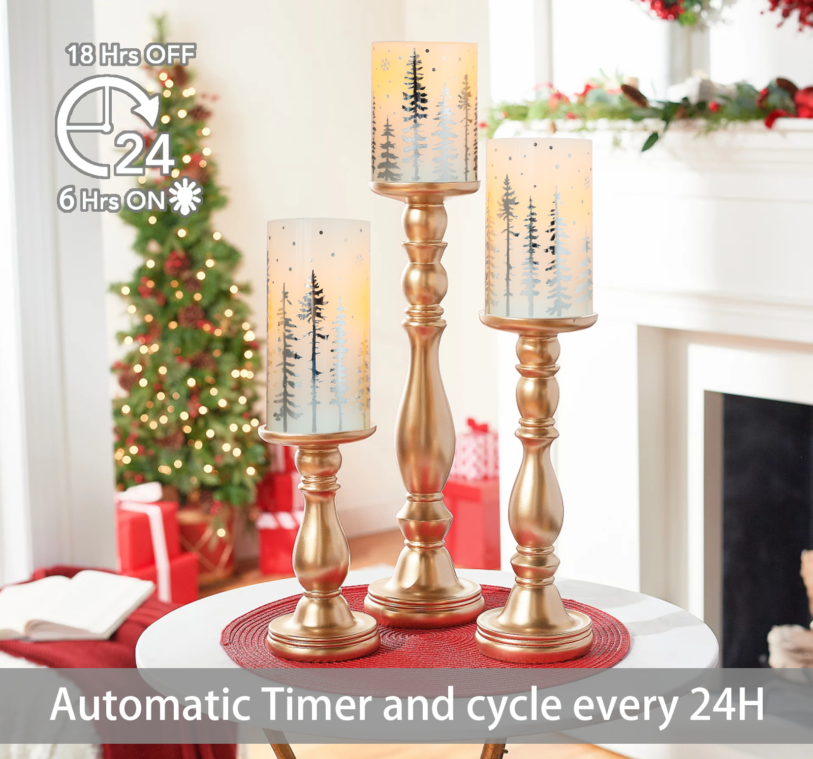 Meltone Christmas Flameless Pillar Candles, Holiday Led Candles with Timer Remote, Silver Battery Operated Flickering Candles for Christmas Home Decorations, Centerpiece.