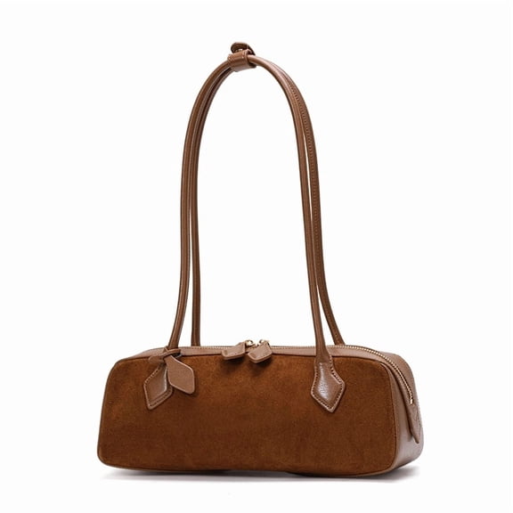 Genuine Leather Shoulder Bag, Women's Suede Barrel Underarm Handbag Purse