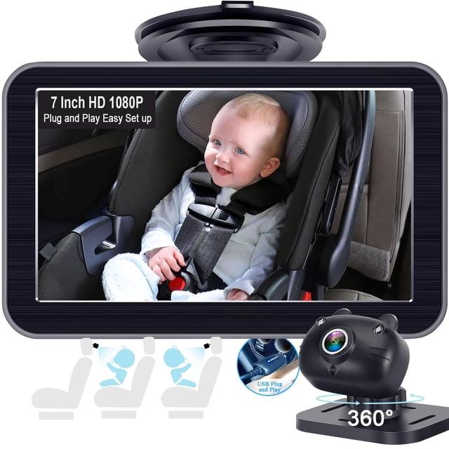 DoHonest Cámara para automóvil de bebé de 7 pulgadas: USB Plug and Play Fácil configuración Cámara giratoria de 360 grados para el asiento trasero Dos niños HD 1080P Cámara para el asiento del autom