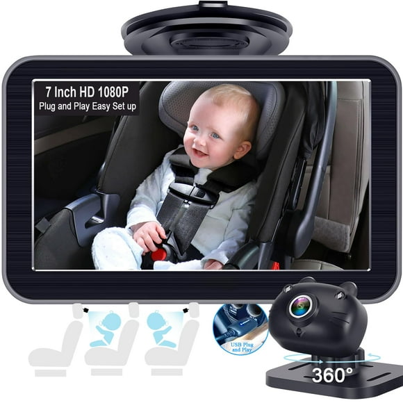 DoHonest Cámara para automóvil de bebé de 7 pulgadas: USB Plug and Play Fácil configuración Cámara giratoria de 360 grados para el asiento trasero Dos niños HD 1080P Cámara para el asiento del autom