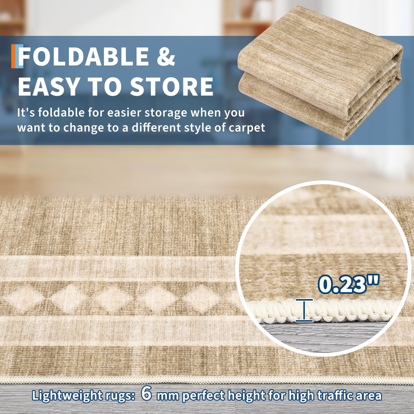 CAROMIO Solid Area Rug Washable Border Rug Modern Geometric Floor Decor Perfect for Living Dining Room, 2' x 6' Camel