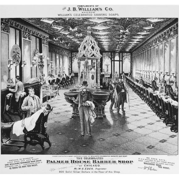 Póster de Barber Shop 1890 con vista interior de la peluquería en el Palmer House Hotel Chicago Illinois en un anuncio de litografía americana C1890 para JB Williams Shaving Soap (24 x 36)