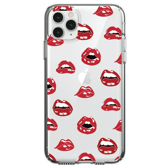 DistinctInk Clear Shockproof Hybrid Case for iPhone 12 Pro MAX (6.7" Screen) - TPU Bumper, Acrylic Back, Tempered Glass Screen Protector - Red Lips