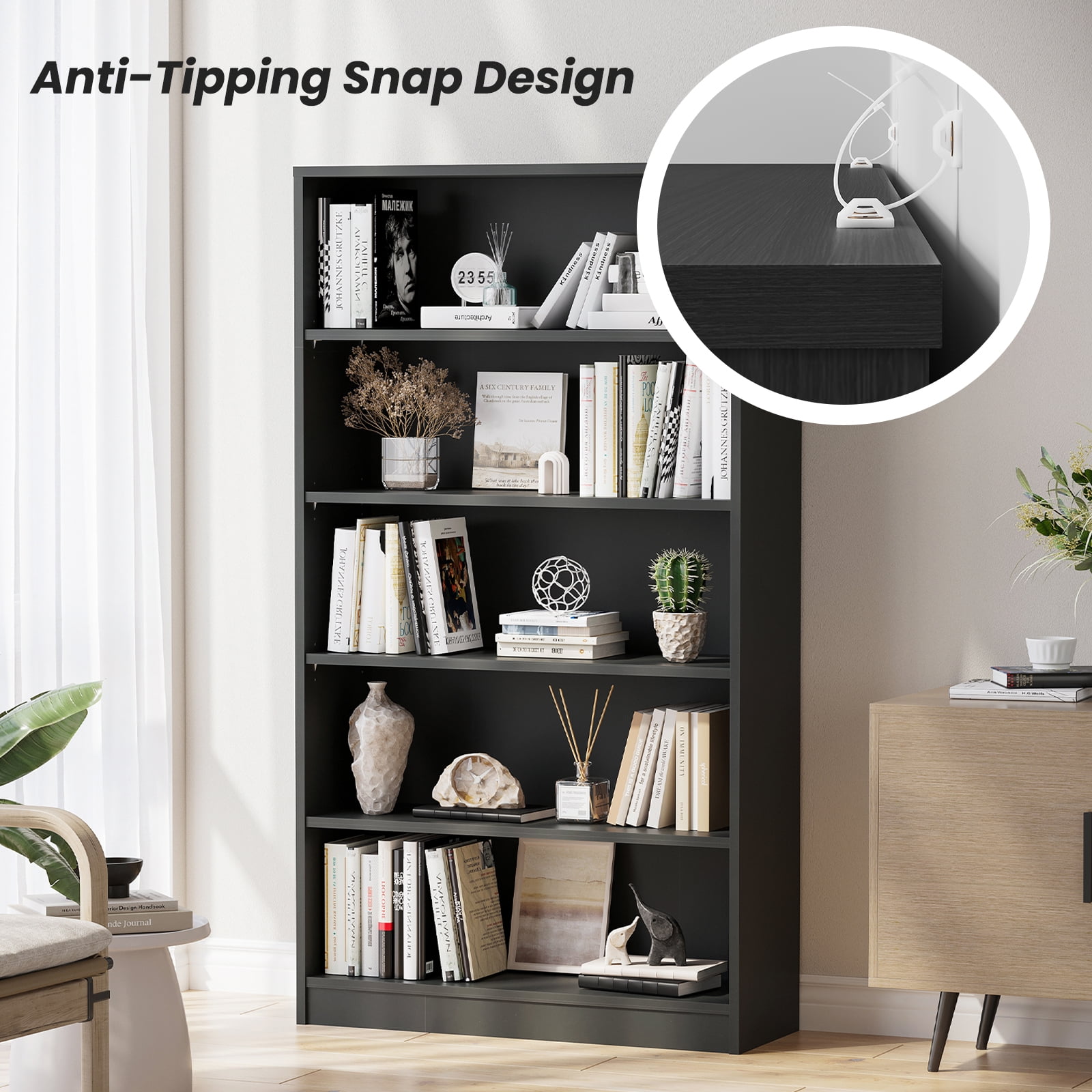 STARY 5 Tiers Bookcase, Wooden Bookcase with Adjustable Shelves for Home, Office, Grey