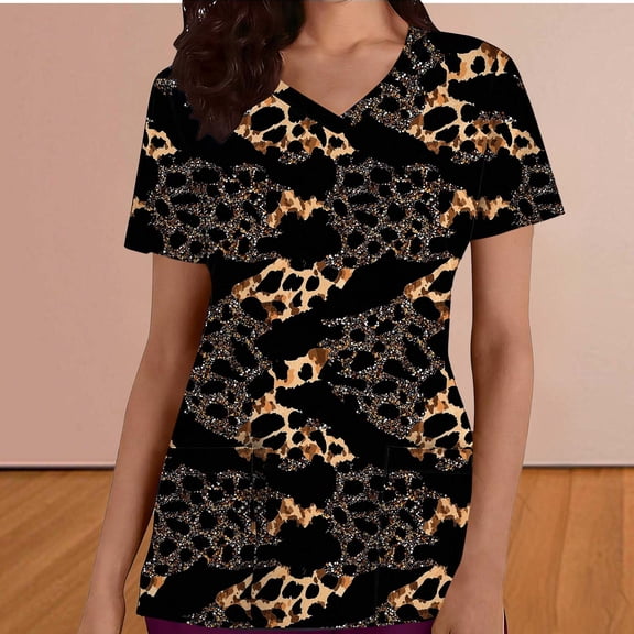 Mifsaly Scrub Tops Women Short Sleeve V Neck Work Top Gradient Print Summer Stretchy Medical Uniform Doctors Loose Fit Breathable Shirt with Pockets M
