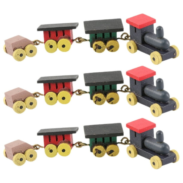 3 piezas de tren de madera en miniatura para decoración de casa de muñecas, adorno, tren artesanal vívido, mini escultura de tren.