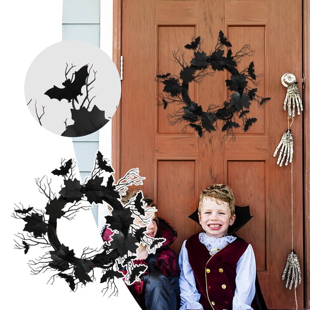 Murciélagos de imitación de Halloween, guirnalda de ramas muertas, guirnalda decorativa negra de hojas simuladas, accesorio para colgar en la puerta, decoración para puerta de entrada, corona de Hallo
