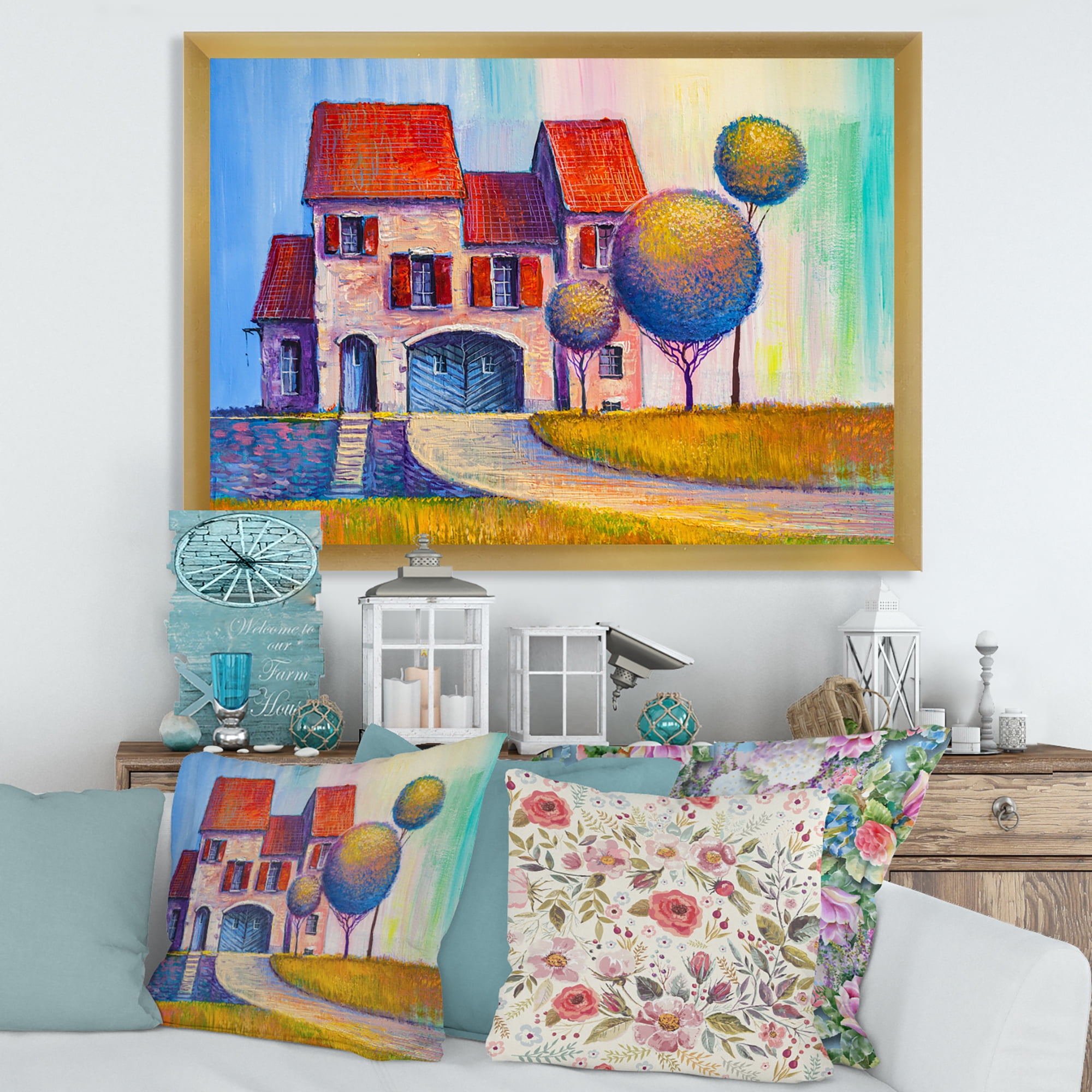 Designart 'A Red Roof House With In The Village' Modern Framed Art Print