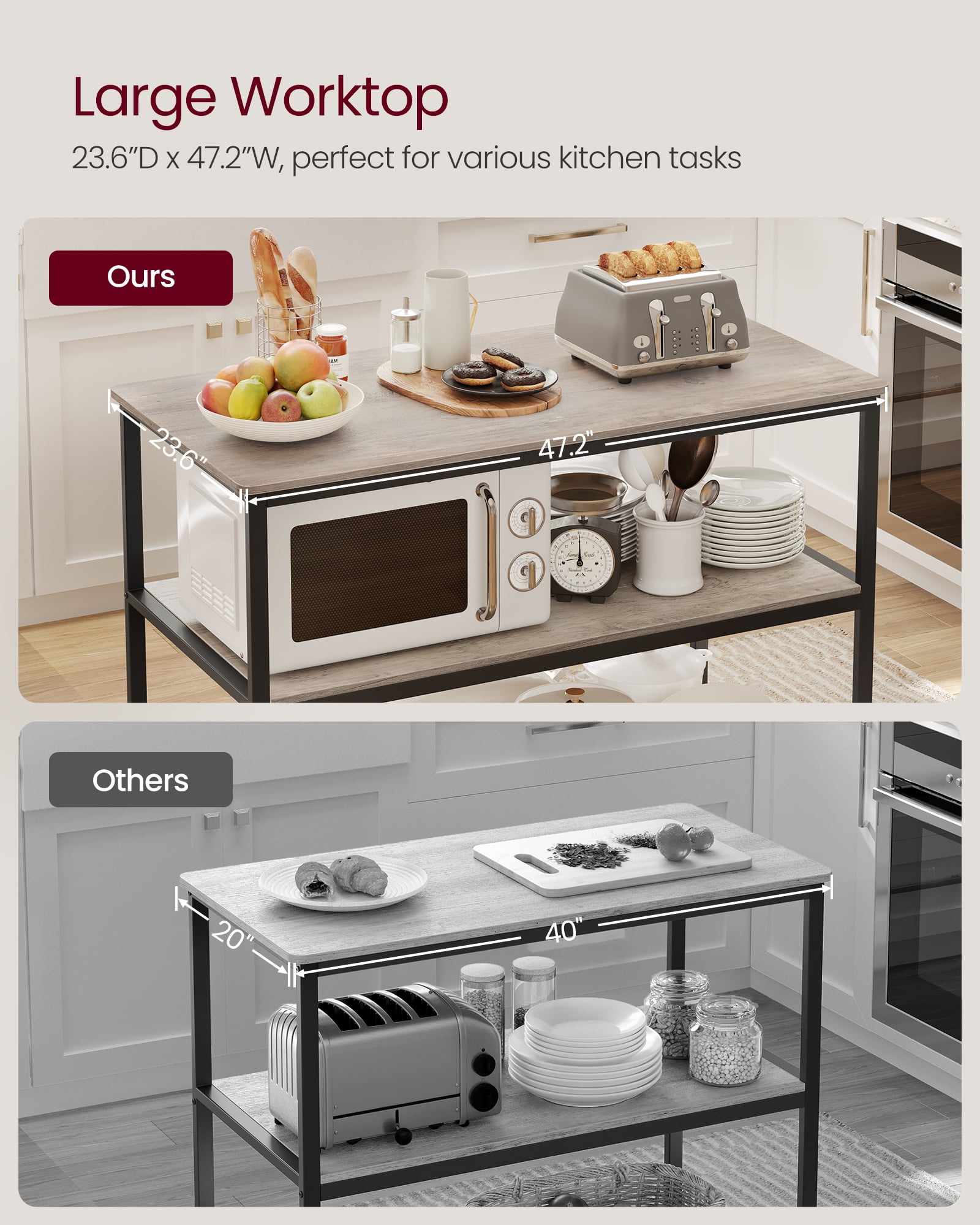 Kitchen Island with 3 Shelves, Island Table, 47.2 Inches Width Kitchen Shelf with Large Worktop, Stable Steel Structure, Industrial