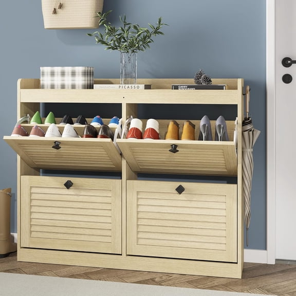 Large Rattan Shoe Storage Cabinet with 4 Flip Drawers, Freestanding Shoe Organizer with Wooden Legs for Entryway, Black Handles, Narrow Shoe Rack Cabinet, Natural