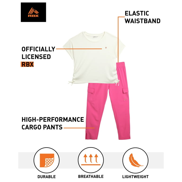 RBX Girls' Pants Set - 2 Piece Performance Ribbed T-Shirt and Woven Tech  Cargo Pants - Complete Outfit Set for Girls (4-12) 