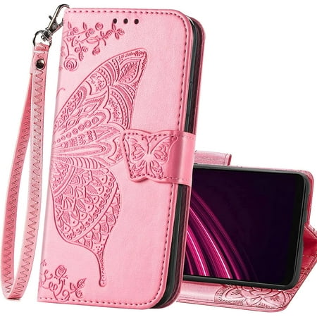 Wallet Case for T-Mobile Revvl 6 5G,PU Leather Wallet Flip Protective Phone Case Wrist Strap Card Slots Holder Pocket Emboss Butterfly Flower Stand Case for T-Mobile Revvl 6 5G Pink