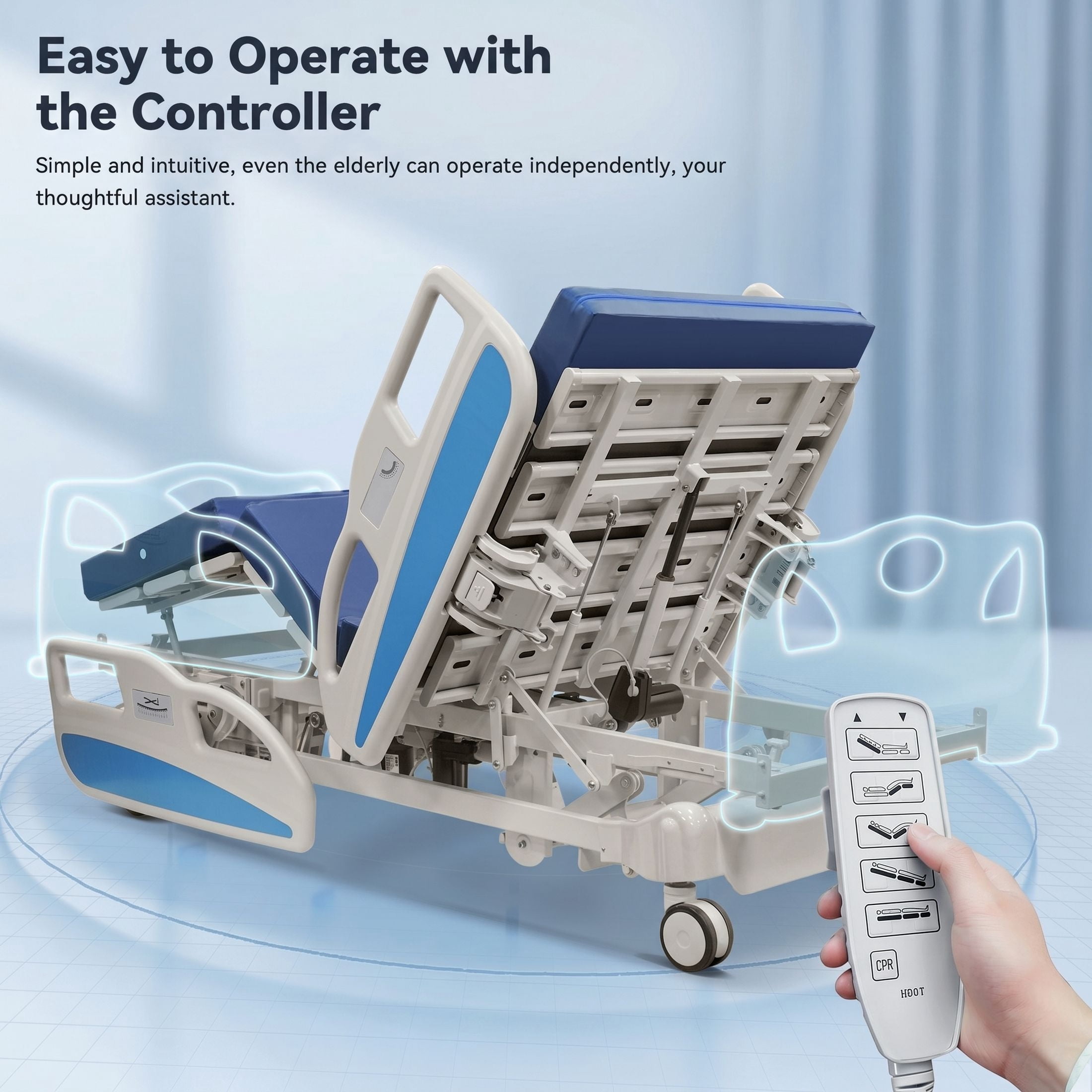 Naipo Premium 5 Function Full Electric ICU Hospital Bed with 4-inch Mattress, IV Pole and 5-inch Locking Casters for Home Use, 530LBS Loading