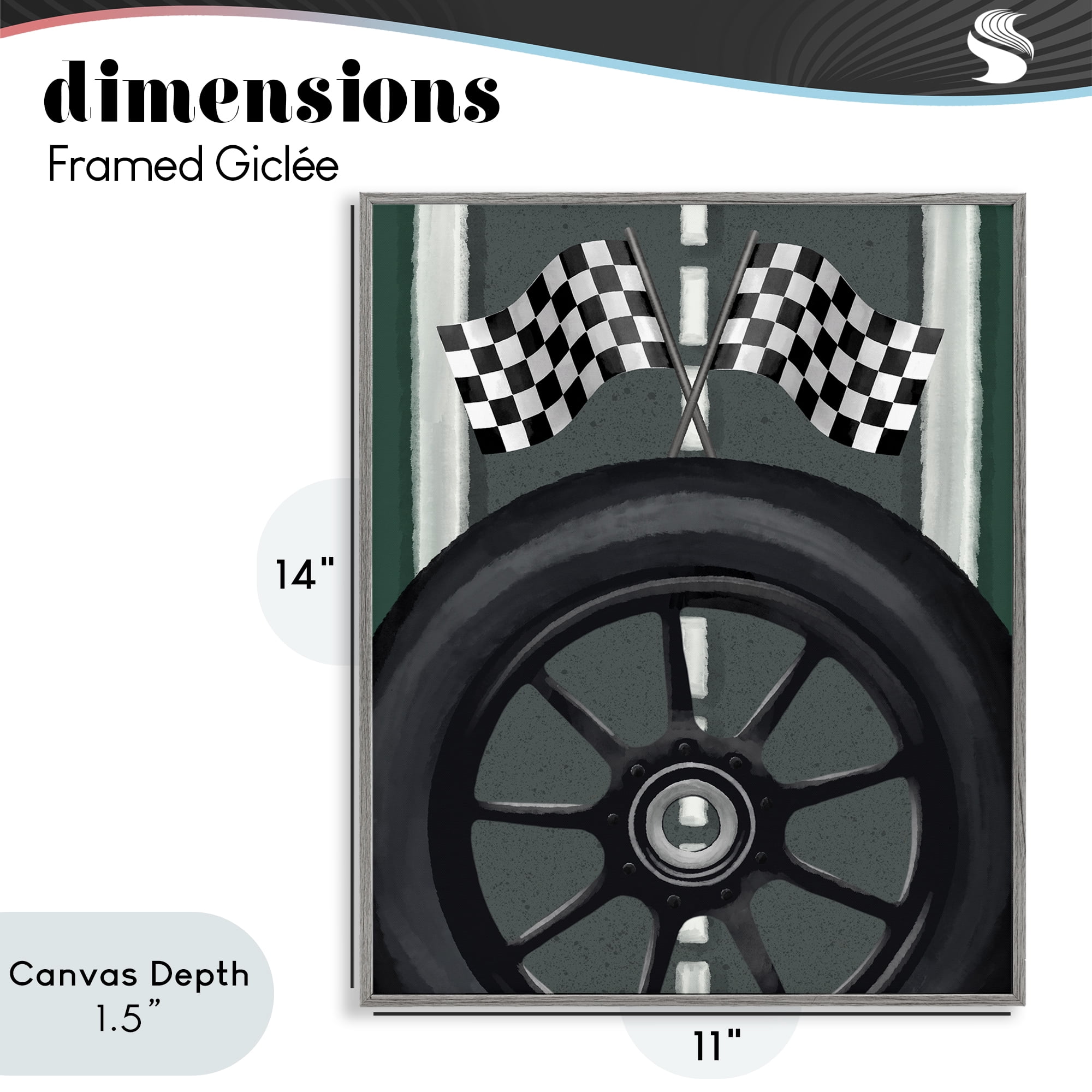 Stupell Industries Racetrack Flags & Tire Gray Framed Giclee Art, design by Jennifer Stith