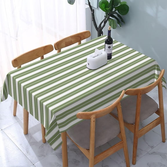 Olive Green and White Striped Rectangle Table Cloth Soft Washable Oblong Tablecloth Covers for Kitchen & Table Linens 60" x 84"