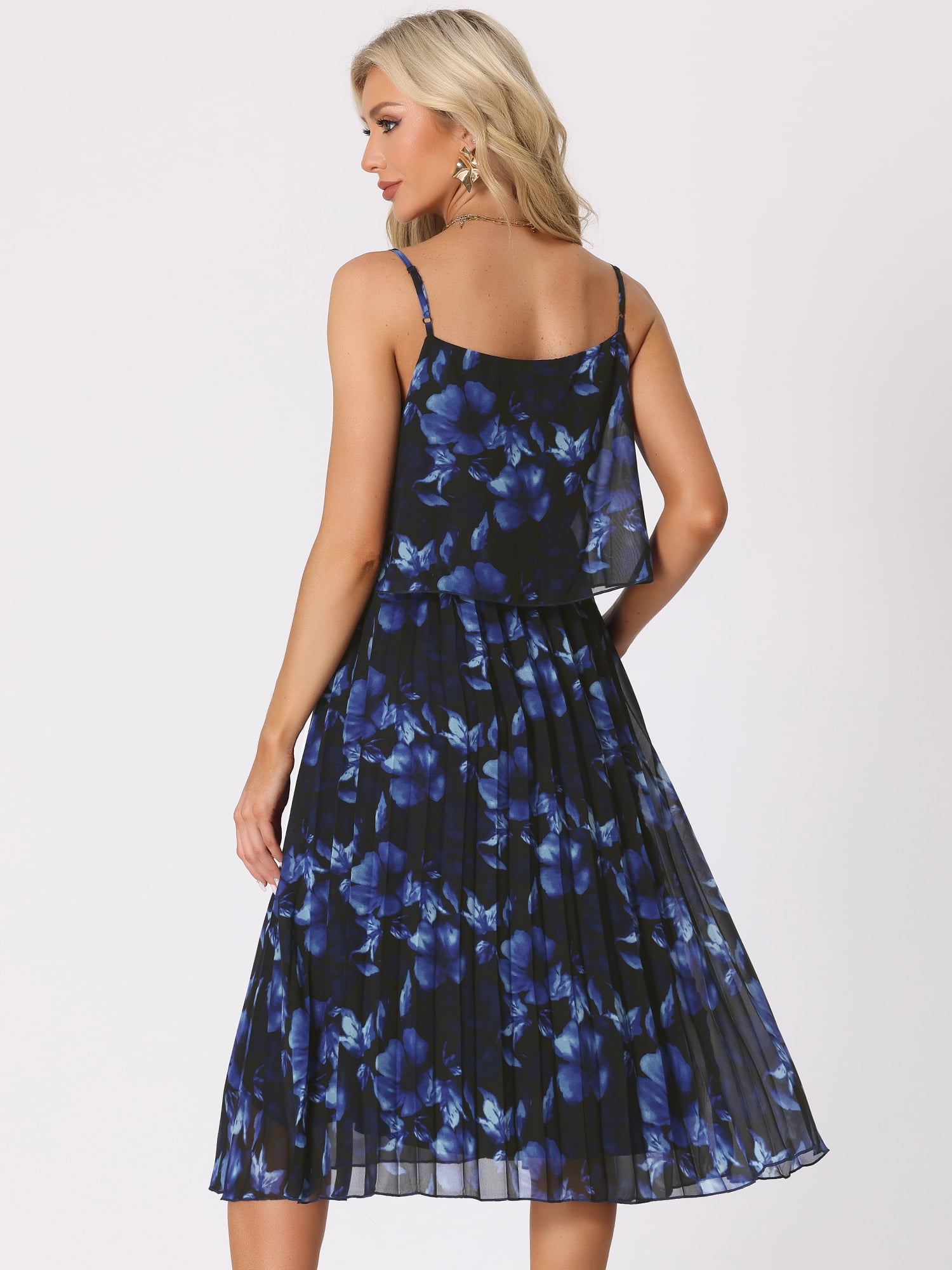 DARING DIVA Women's Pleated Floral Ruffle Midi Dresses L Blue