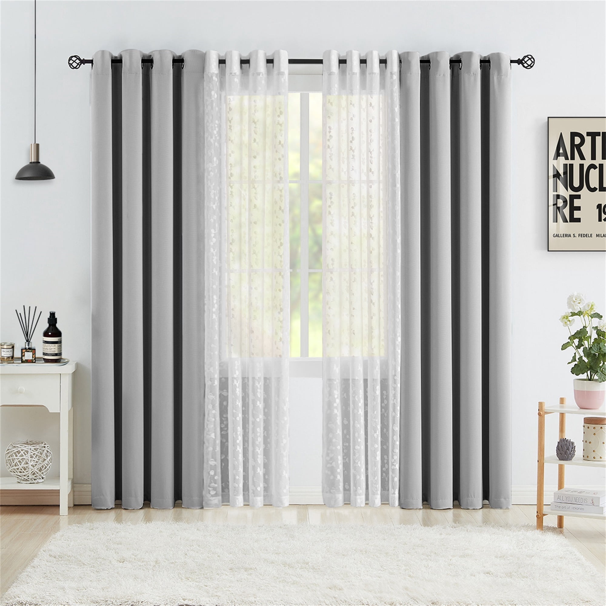 Flowpartex Gray White Mix Matched Full Blackout Curtains with Lace Leaf Sheer 4 Window Sheer Panels for Modern Bedroon Living Room Decor, 52" W x 95" L