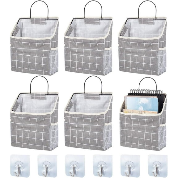 6 Sets Wall Hanging Storage Bag Multifunctional Door Closet Hanging Storage Basket with 6 Sticky Hooks Dorm Room Bedside Caddy Organizer