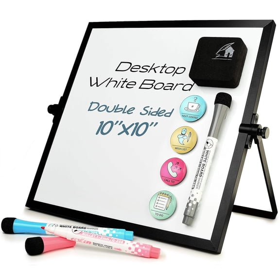 Small Dry Erase White Board 10"X10"- Desktop Whiteboard Black Frame with Stand, 3 Markers, 4 & Eraser - Double-Sided Portable Mini White Board for Desk, School