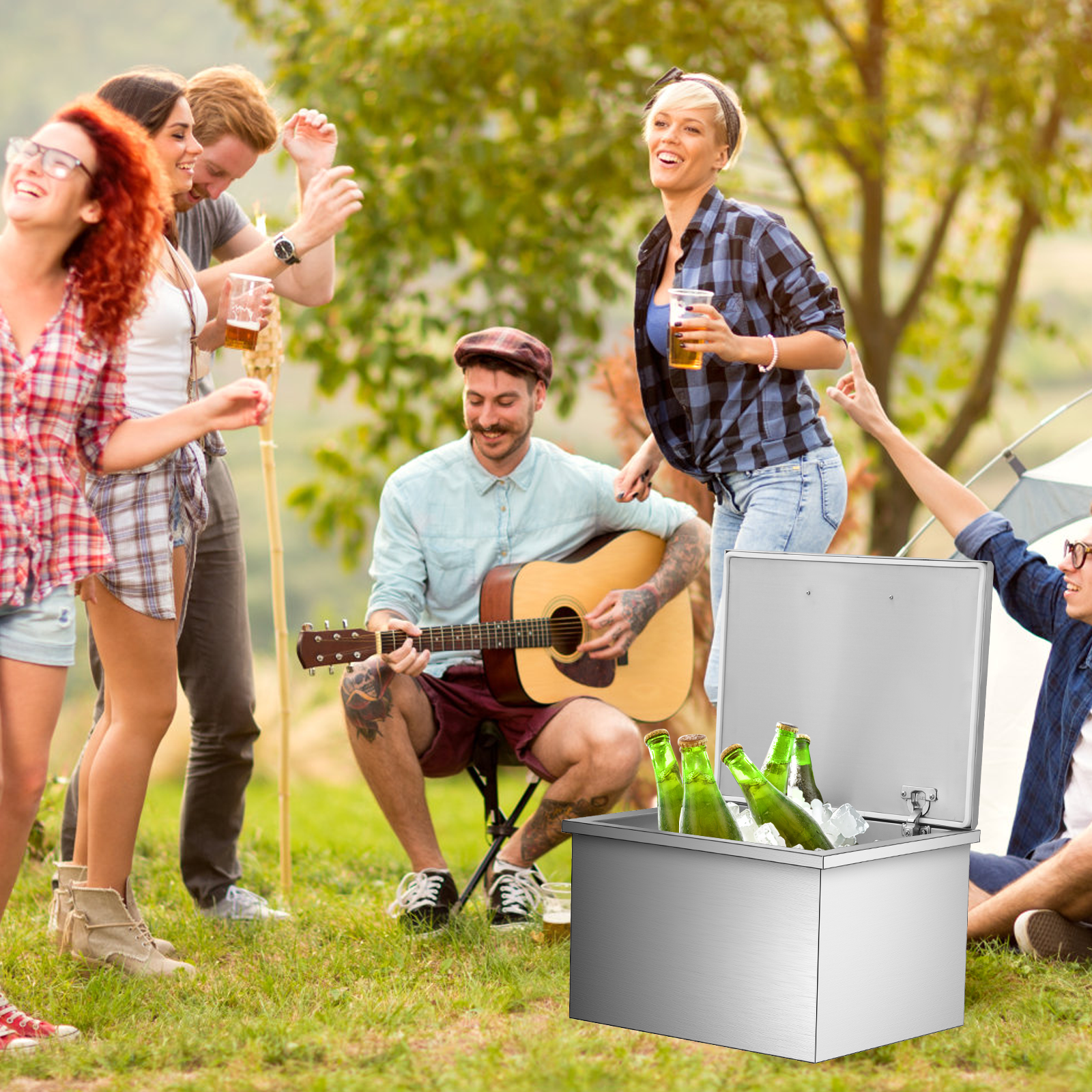 M optimized Drop In Ice Chest, Stainless Steel Ice Cooler, Commercial Ice Bin with Hinged Cover, Outdoor Kitchen Ice Bar, Drain-Pipe and Drain Plug Included, for Cold Wine Beer