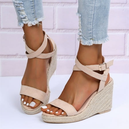 

HIBRO Ladies Shoes Wedge Straw Straw Suede Fish Mouth Breathable Buckle Strap Sandals