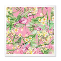 Designart 'Yellow Flowers, Tropical Foliage With Flamingo III' Modern Framed Art Print