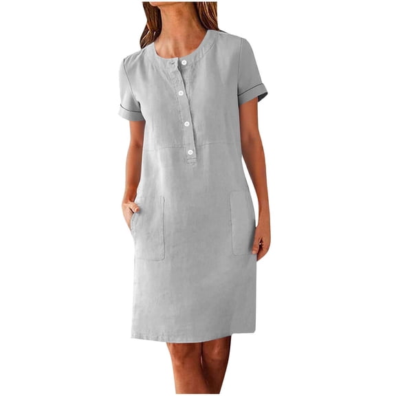 Cmfcve Summer Dress for Women 2026 Cotton Linen Casual Loose Fit Tunic Dress Short Sleeve Crew Neck Button Down Sundress With Pockets