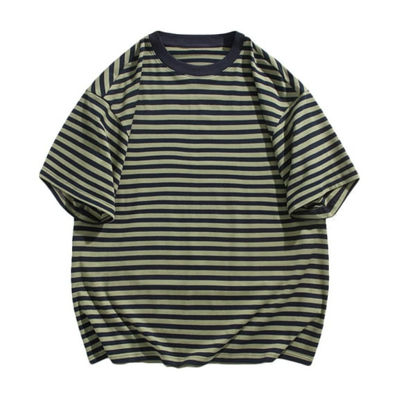 Yyeselk Mens Casual Striped T-Shirt Relaxed Fit Short Sleeve T-Shirts Round Neck Comfy Lightweight Summer Leisure Tee Tops Dark Green L