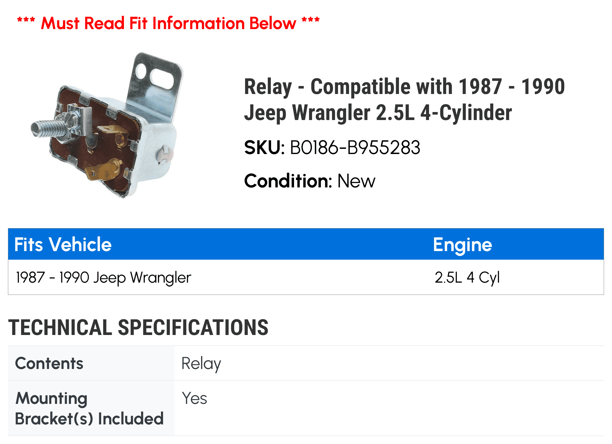 Relay - Compatible with 1987 - 1990 Jeep Wrangler 2.5L 4-Cylinder 1988 1989