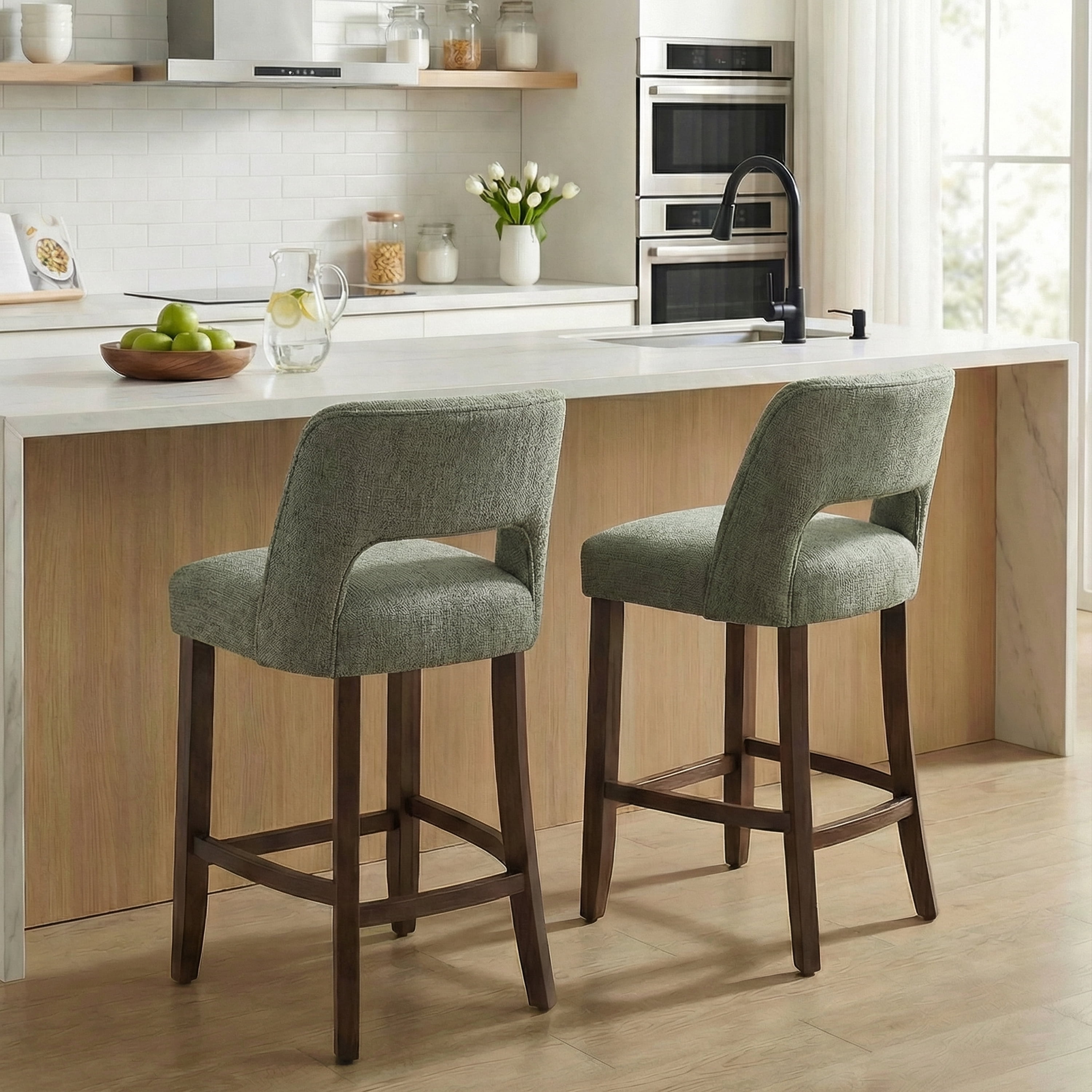 Vknow Furniture Bar Stools Set of 2, 26" Upholstered Counter Height Bar Stools, Modern Counter Stools with Wood Legs for Kitchen Island Dining Room Bar,Green