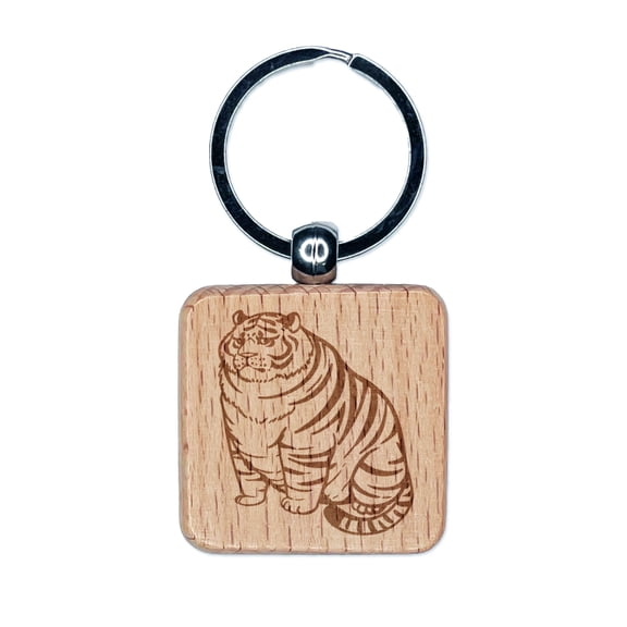 Chubby Fat Tiger Square Keychain Charm Tag - Engraved Wood