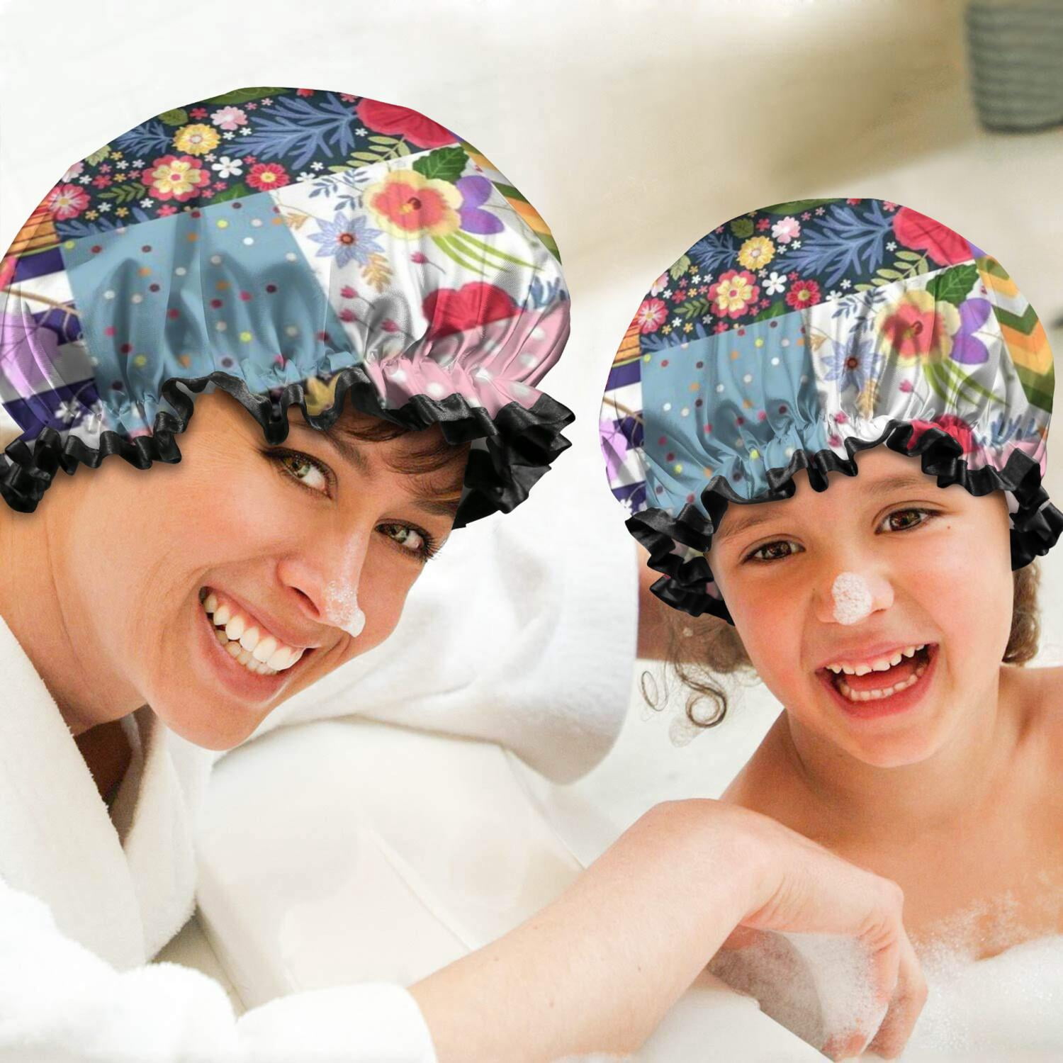Shower Caps,Pioneer Flower Floral Print Pattern Waterproof Shower Cap for Women 4 Pieces,Double Reusable Hair Cover for Shower PEVA Elastic Stretch Hem