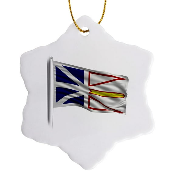 3drose, Flag of Newfoundland on a Flag Pole over White Newfoundlander, 3 inch Snowflake Porcelain Ornament