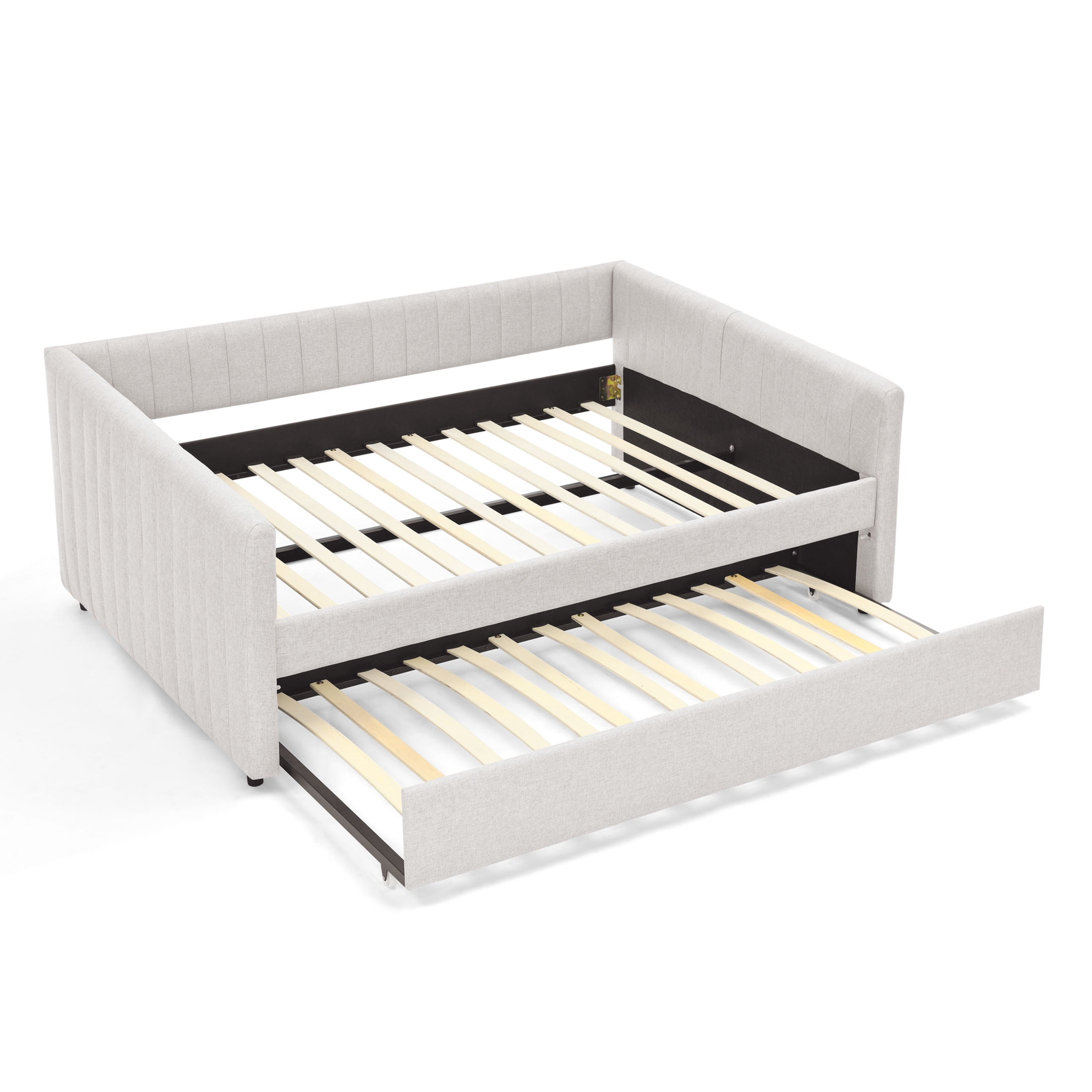 Noble House Solley Queen Size Daybed with Vertical Stripes & Pull-Out Trundle, Linen Upholstered Sofa Bed, Beige