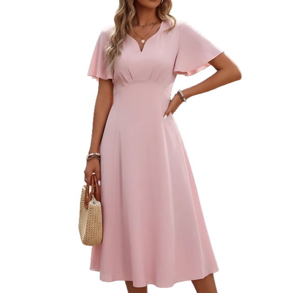 EASYBRAUS Chiffon Midi Dress V-Neck Short Sleeve Casual Leisure Pink S-XL