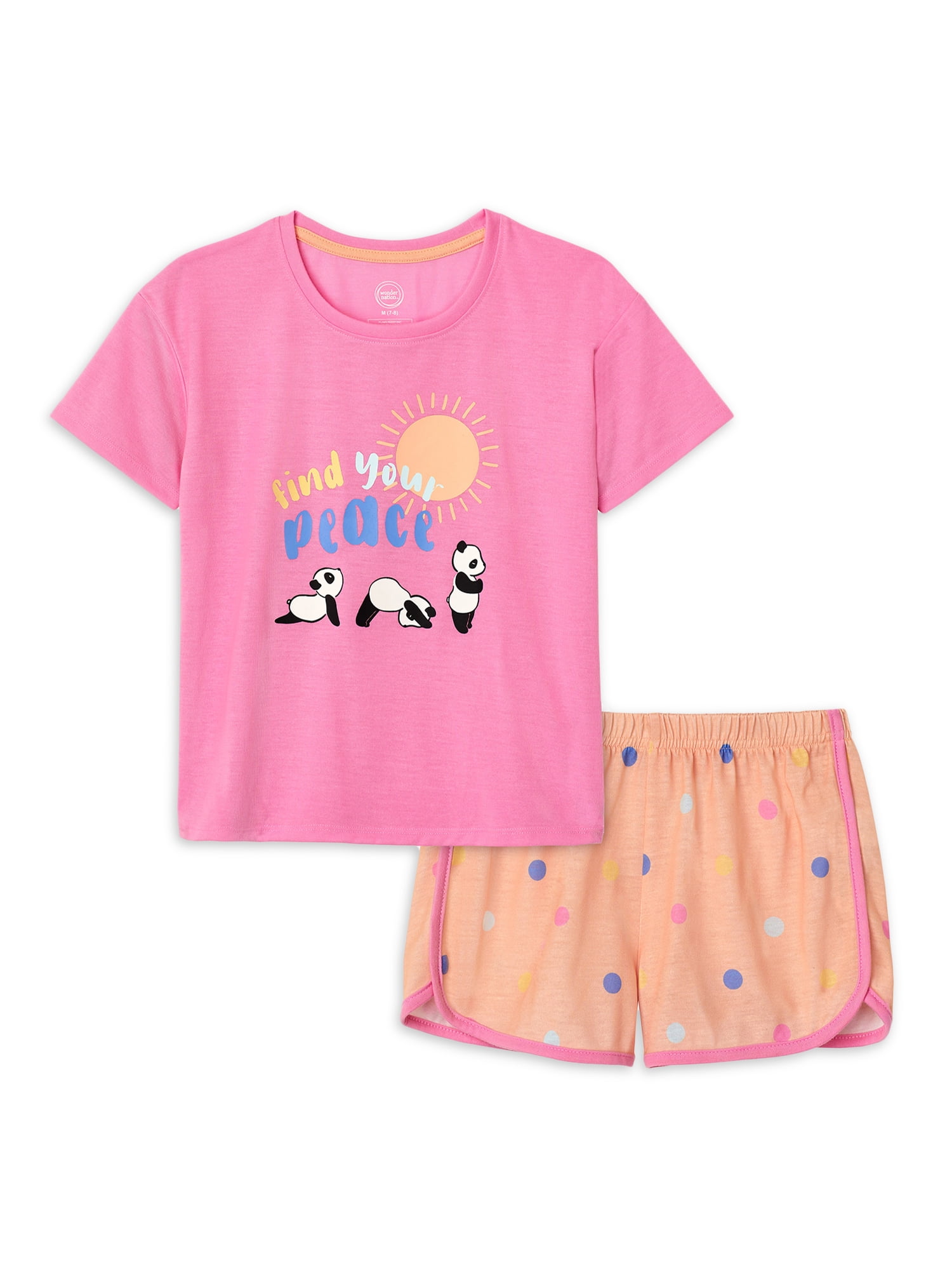 Wonder Nation Girls Short Sleeve Top and Sleep Shorts Pajama Set, 2-Piece, Sizes 4-18 & Plus