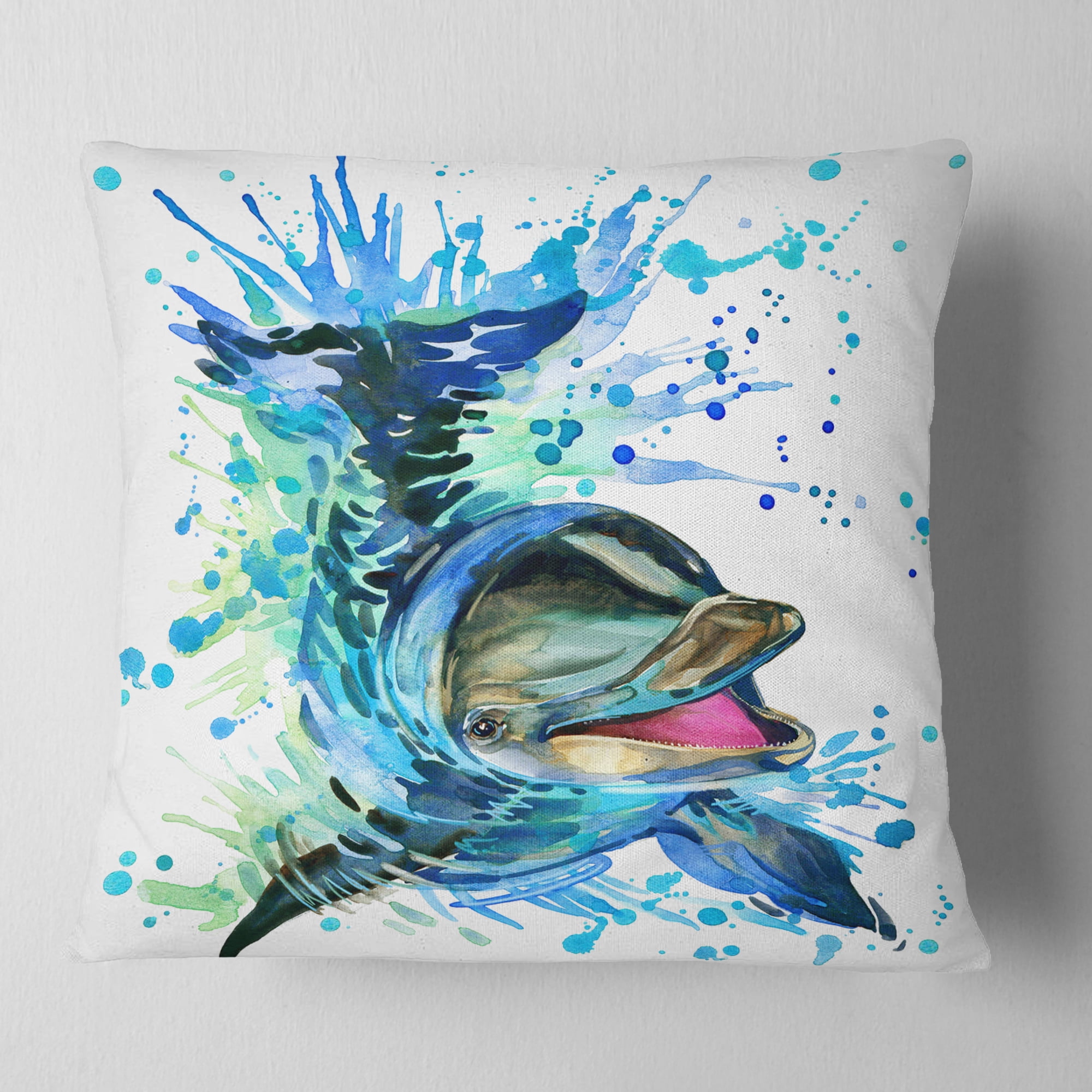 Designart Large Blue Dolphin Watercolor - Contemporary Animal Throw Pillow - 16x16