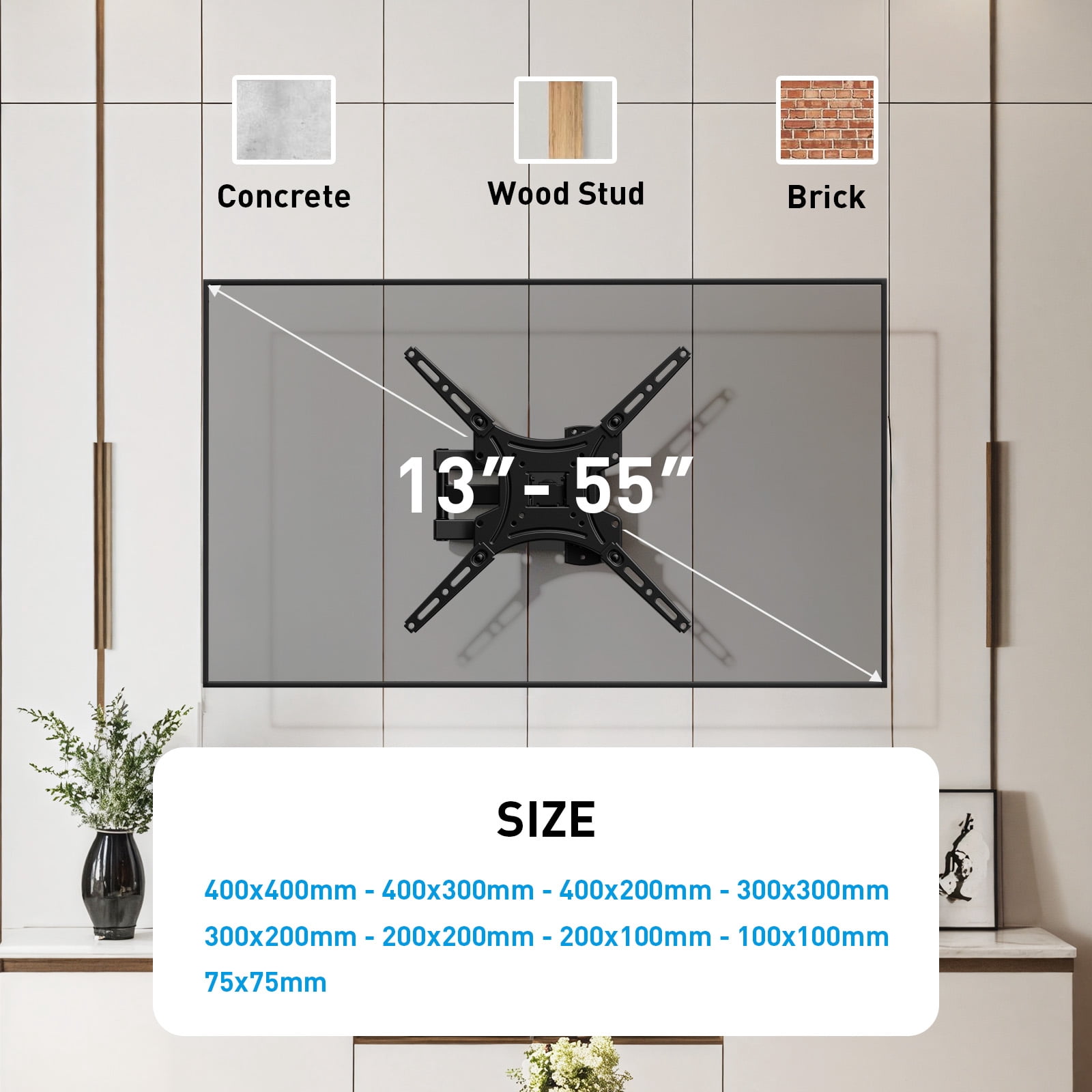 Full Motion TV Wall Mount for 13-55 in Flat Curved Screen TVs, Articulating Arms Swivels Tilts Extension Rotation, Max 400x400mm
