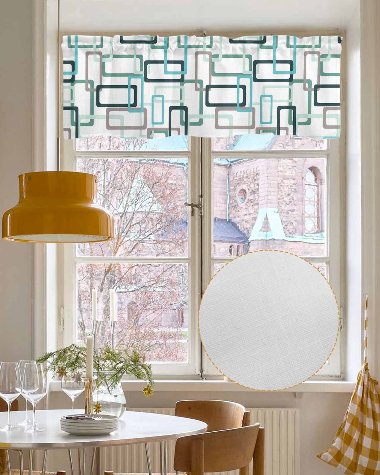 Aqua Green Linen Curtain Valance for Bedroom/Bathroom/Kitchen/Office/Living/Dining Room Windows, Geometric Black Grey Simple White Rod Pocket Topper Decorative Cafe Drapes Panel 54"x18"