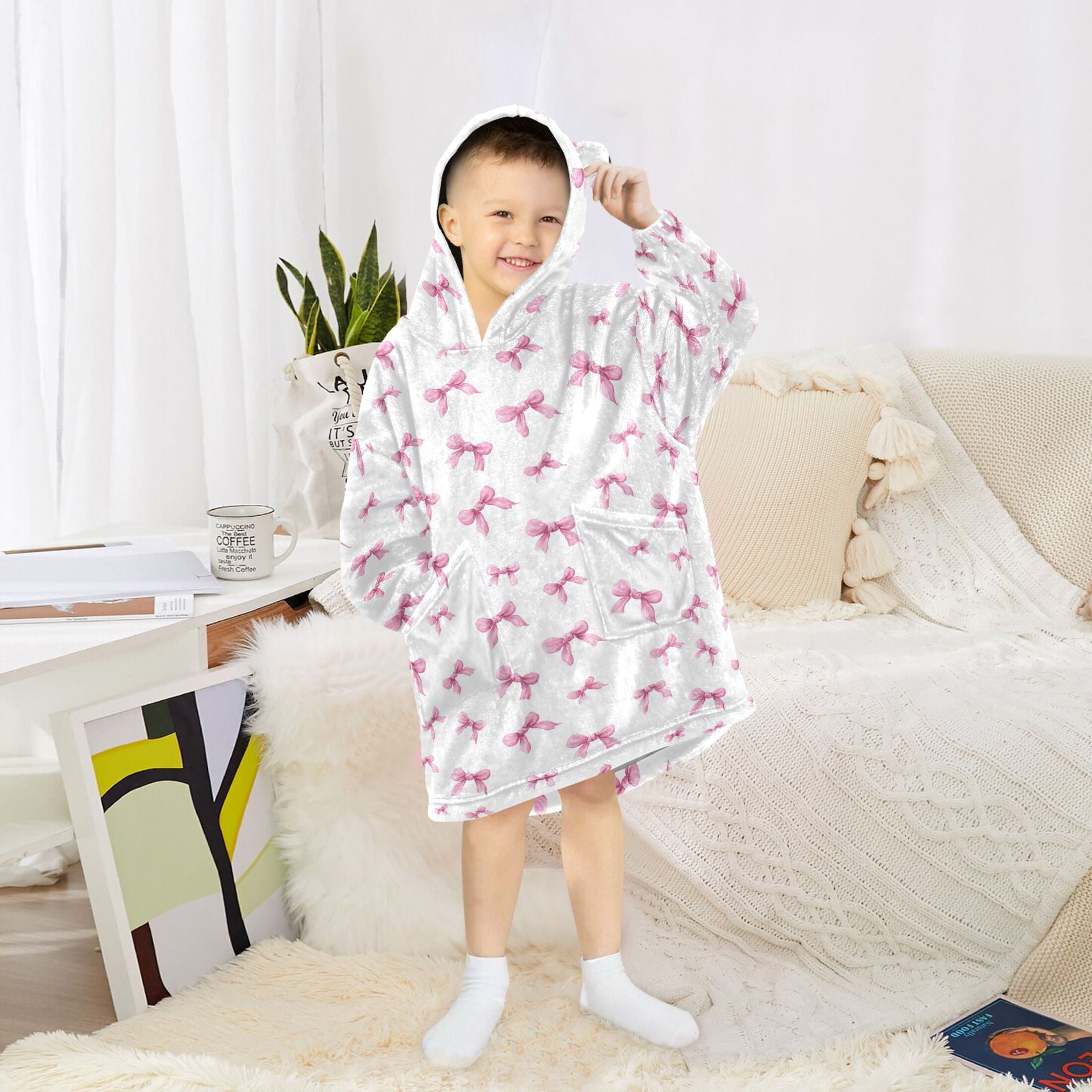 Wearable Blanket Hoodie for Kids Pink Bow Flannel Hooded Blanket with Pockets and Sleeves Suitable for Boys and Girls