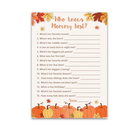 PUMPKINS Baby Shower Games - Who Knows Mommy Best - Pack of 25 - GENDER NEUTRAL Baby Shower Game Couples Coed Reveal Fun Guessing Game Mom to-be Little Pumpkin Fall Halloween Theme Activity G330-WKM