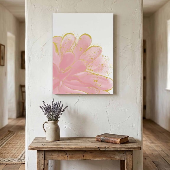 Ships Next Day Canvas Wall Art 16"x24", Pink Gold Wood Framed Canvas Print Painting, Boho Modern Abstract Minimalist Flower Ready to Hang Picture Wall Decor for Home Bedroom Living Room Dining