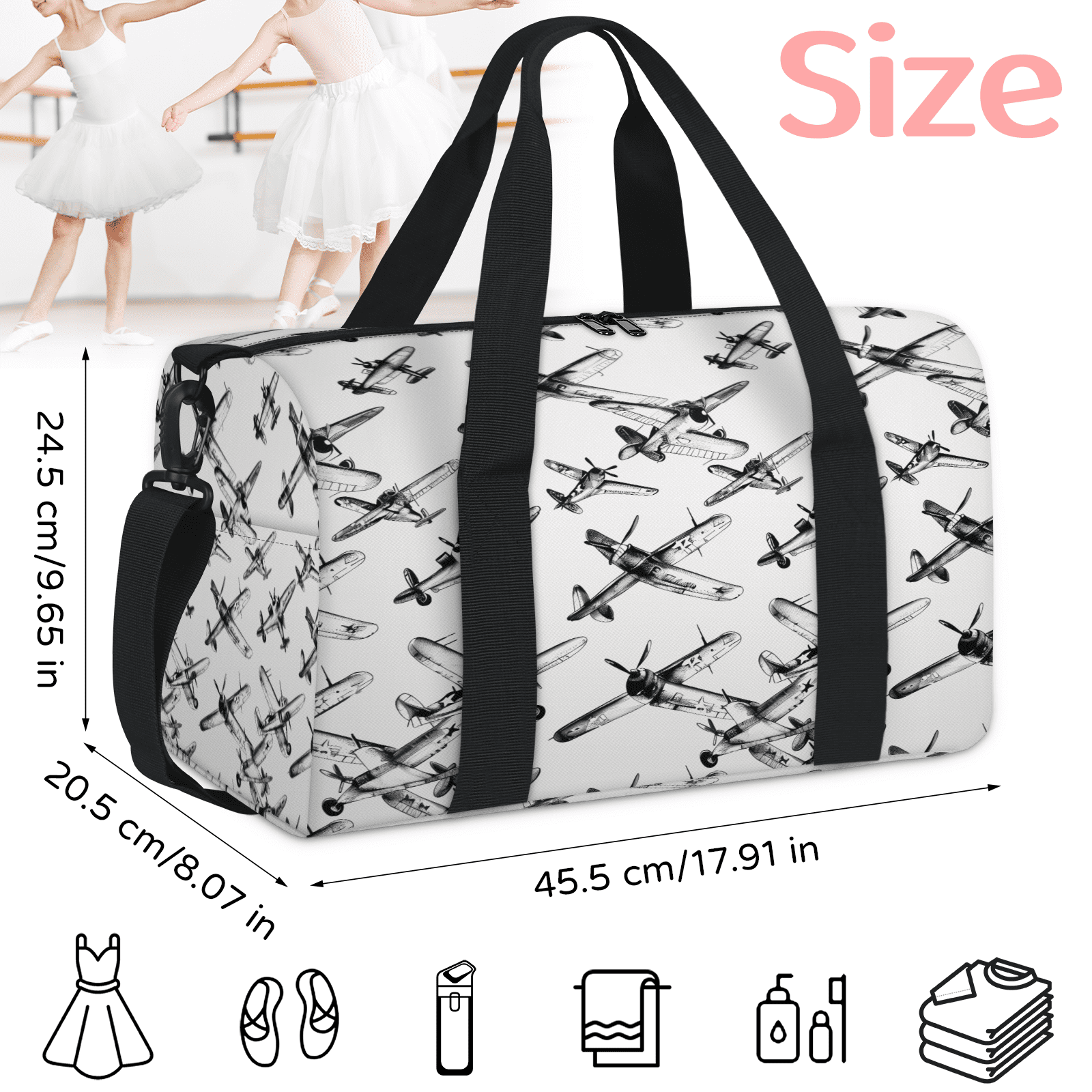 Herdesigns Airplane Pattern Travel Duffle Bag Sports Yoga Weekender Overnight Carry on Workout Bags Lightweight Waterproof Gym Tote Bag for Women