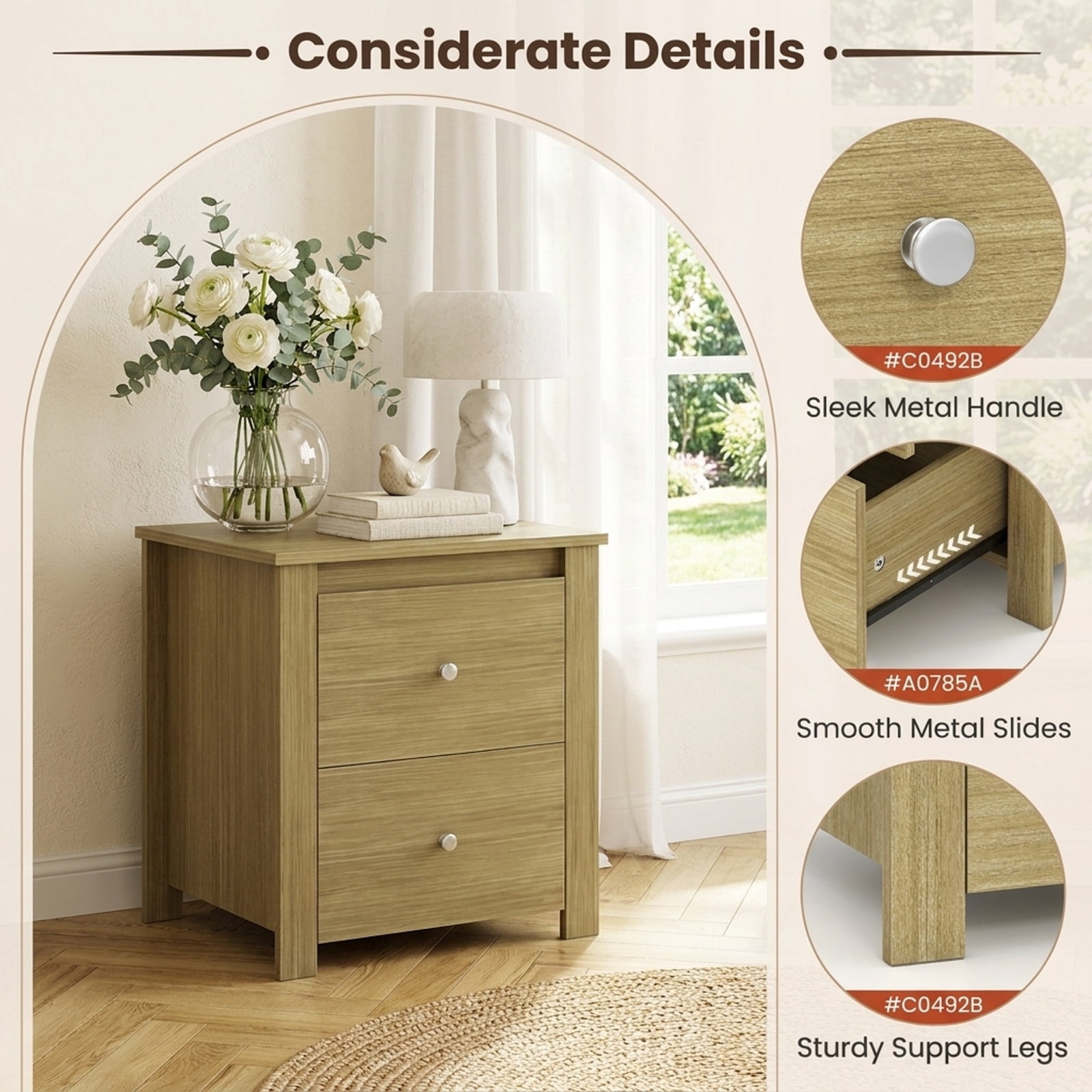 Furnibear Nightstand with 2 Drawers & Storage for Bedroom Living Room Small Spaces for Bedroom Living Room Bedside Sofa Side Small Space, Natural