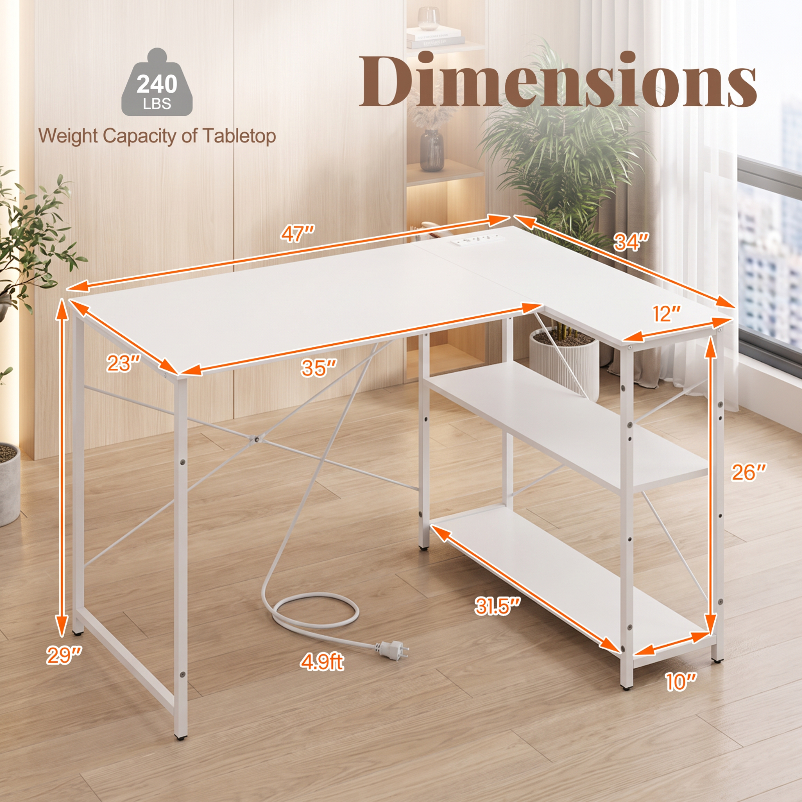 Furnibear 47 Inch L Shaped Corner Desk with Charging Station and Reversible Design with Adjustable Storage Shelves and USB Ports, White