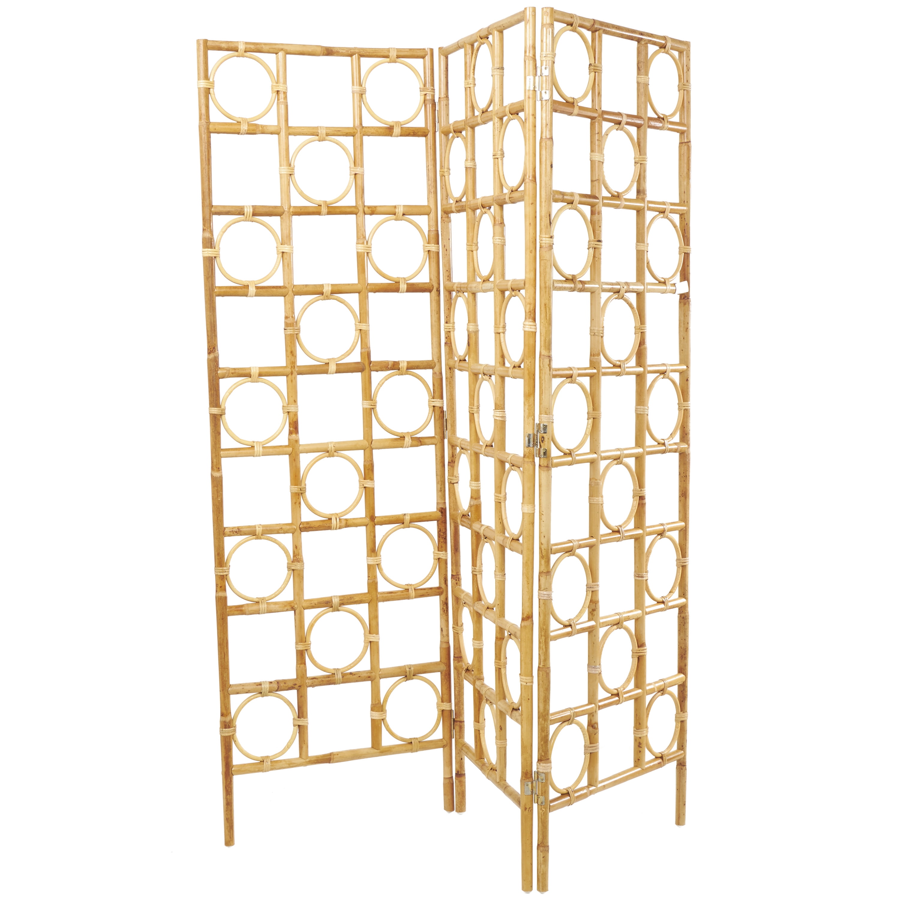 DecMode 61" x 71" Brown Rattan Geometric Handmade Woven Geometric 3 Panel Room Divider Screen with Open Frame Design, 1-Piece