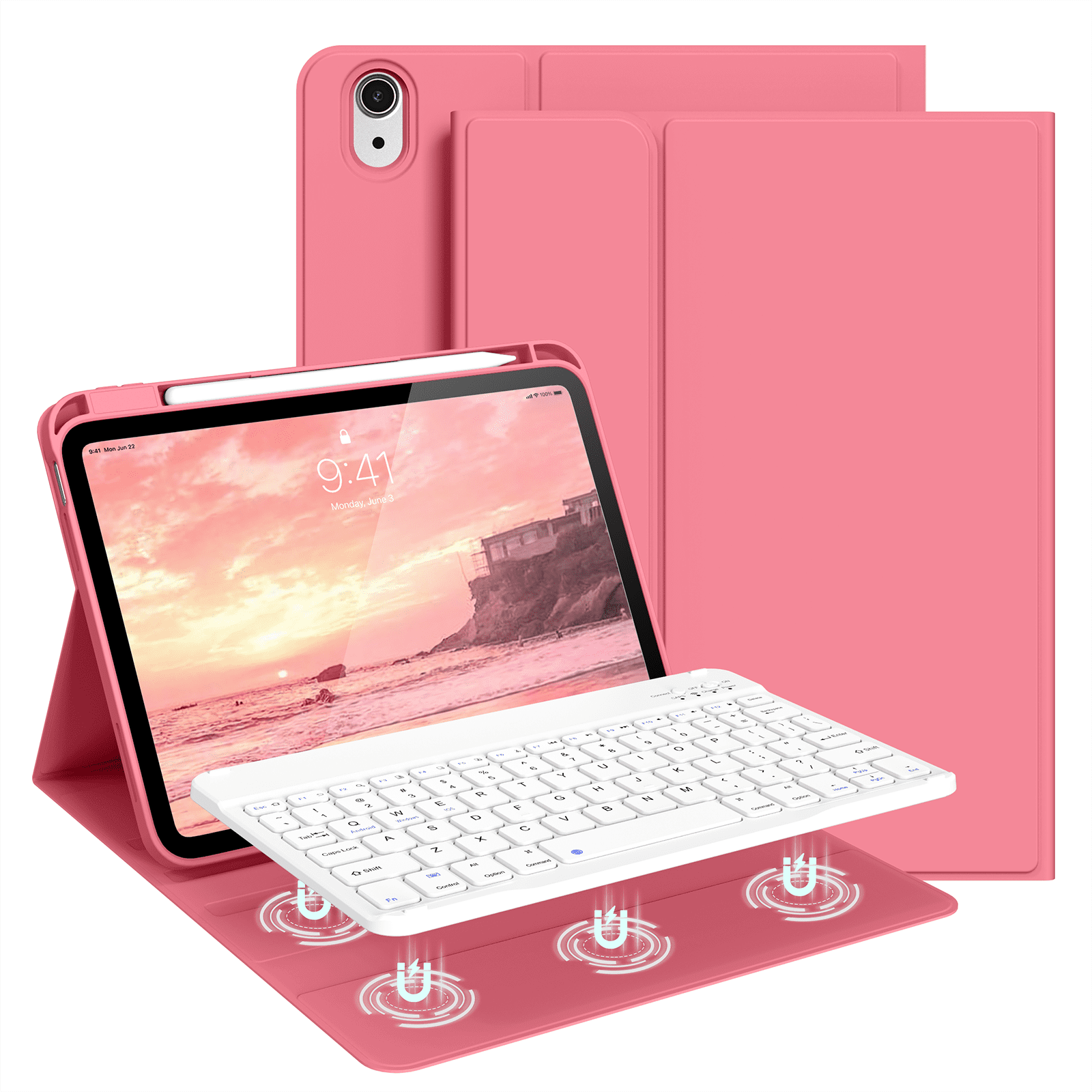 Kenke Case for iPad (A16) 11th Generation 11 inch 2025 with Keyboard,iPad 10th Generation 10.9 inch 2022 Detachable Bluetooth Keyboard Rechargeable,with Pencil Holder,Soft TPU Back Cover,Pink Red