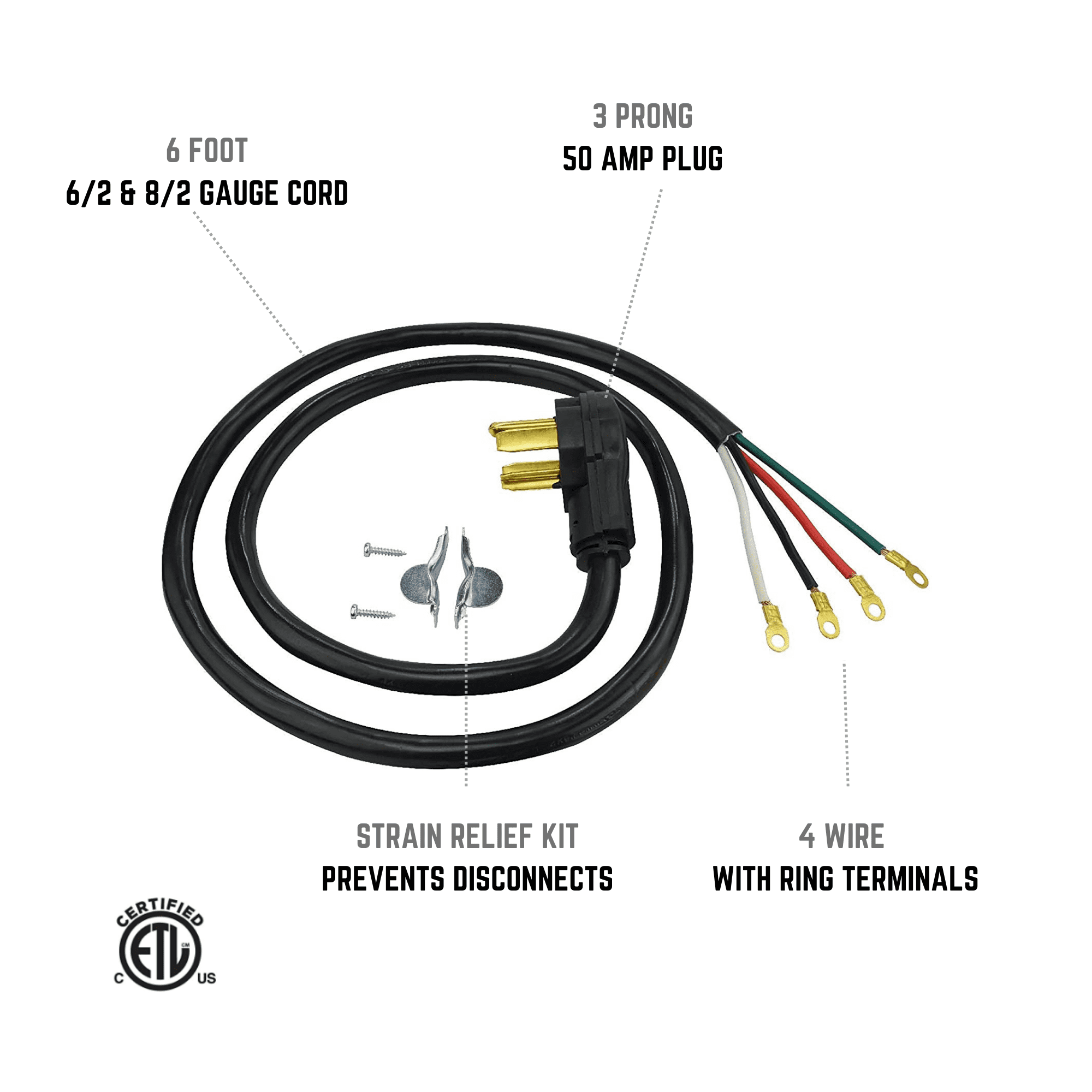 Clear Power 6 ft 6/2 & 8/2 SRDT, Indoor Dryer Cord, 4-Wire 50 AMP, Black, CP10023