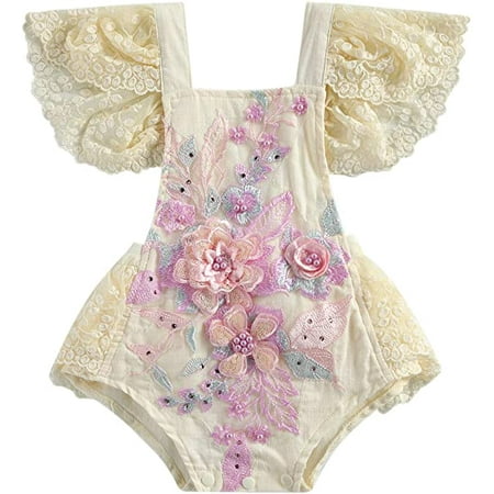 

Baby & children s clothes Newborn Crochet Lace Romper Toddler Loose Fly Sleeve Square Collar Tie-up Playsuit